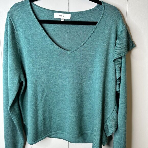 John + Jenn Anthropologie Size M Teal Wool Blend Side Ruffle V Neck Sweater - Picture 2 of 7